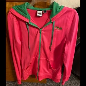 Hot pink hooded sweatshirt.